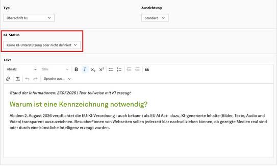 Screenshot des TYPO3 Backends zeigt Kennzeichnung KI-generierter Texte im TYPO3-Backend.