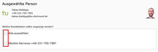 Screenshot des TYPO3 Backends zeigt Auswahl der Kontaktdaten für die Personendetailansicht der Kontakte WebApp.