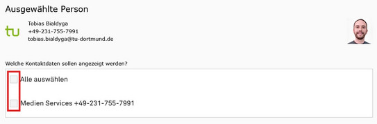 Screenshot of the TYPO3 backend showing selection of contact details for the contact details view of the Contacts WebApp.