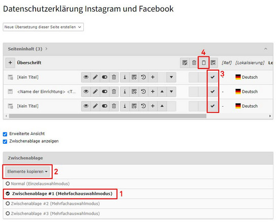 Inhaltselemente kopieren Screenshot des TYPO3-Backends zeigt Vorgehensweise beim Kopieren mehrerer Inhaltselemente. Die detaillierte Anleitung befindet sich im Fließtext auf der Seite.