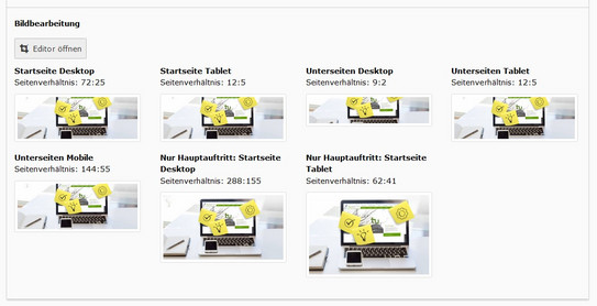 Screenshot des TYPO3-Backends zeigt automatisch gesetzte Bildausschnitte bei Headerbildern.