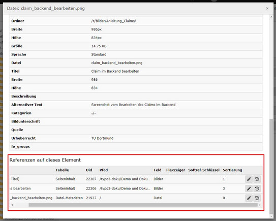 Screenshot des TYPO3-Backends zeigt Prüfung der Referenzen auf ein Bild.