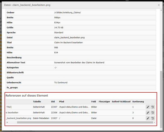 Referenzen auf Bild prüfen Screenshot des TYPO3-Backends zeigt Prüfung der Referenzen auf ein Bild.