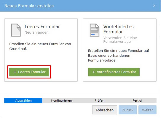 Screenshot des TYPO3-Backends zeigt Auswahl der Option "Leeres Formular" beim Anlegen eines neuen Formulars.