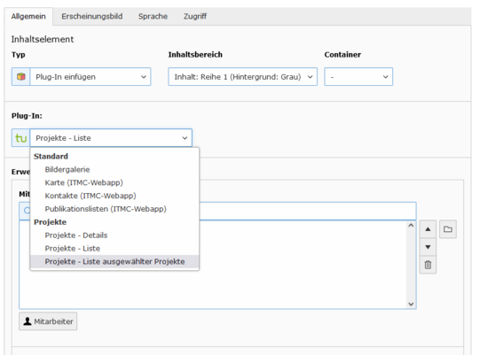 Wechsel des Plugins Screenshot der ausgeklappten Auswahlbox für das Plugin