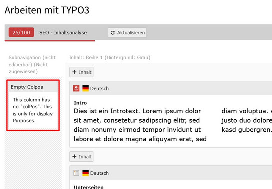 Screenshot des TYPO3 Backends zeigt Box mit Aufschrift "Empty ColPos" im Modul Seite
