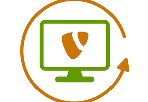 Icon eines Desktop-Computers mit TYPO3 Logo, das von einem Pfeil-Icon eingekreist wird