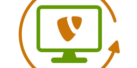 Icon eines Desktop-Computers mit TYPO3 Logo, das von einem Pfeil-Icon eingekreist wird