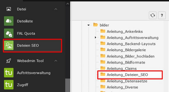 Modul Dateien SEO Screenshot des TYPO3 Backends zeigt Wechsel ins Modul Dateien SEO und Auswahl eines zu prüfenden Ordners