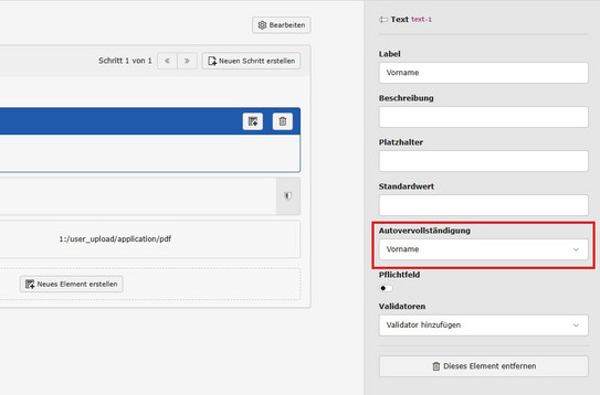 Screenshot des TYPO3 Backends zeigt neue Formular-Option: Autovervollständigung