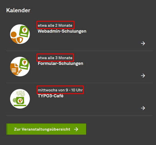 Screenshot of the alternative date output Screenshot of TYPO3 backend showing alternative date output for events in off-canvas menu.