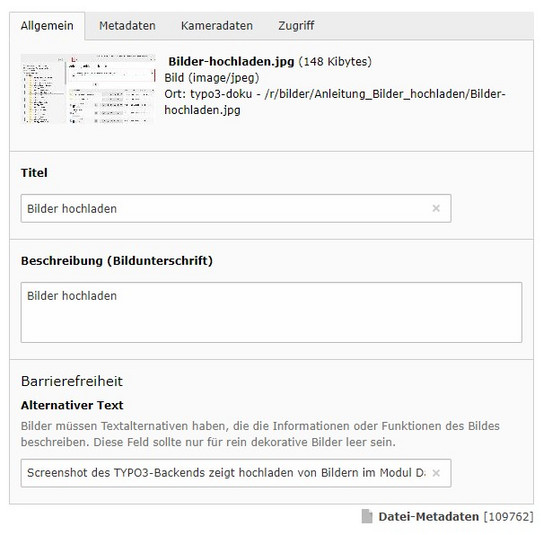 Screenhot des TYPO3-Backends zeigt Metadaten im Reiter "Allgemein".