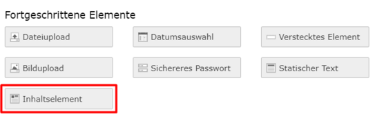 Inhaltselement hinzufügen Screenshot des TYPO3 Backends zeigt Overlay-Fenster des Formulareditors mit Auswahl des Elements "Inhaltselement"