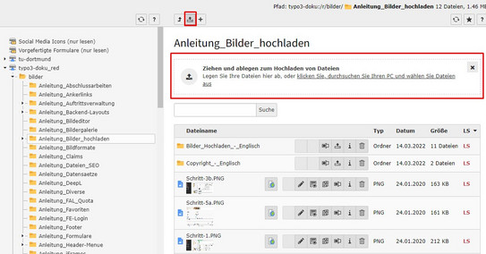 Bilder hochladen Screenshot des TYPO3-Backends zeigt hochladen von Bildern im Modul Dateiliste.