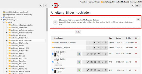 Screenshot des TYPO3-Backends zeigt hochladen von Bildern im Modul Dateiliste.
