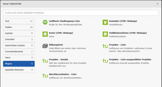 Screenshot des TYPO3-Backends zeigt Browser für Inhaltselemente mit neuen Plugins für Projekte und Abschlussarbeiten.