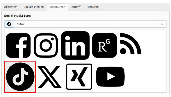 TikTok Icon wurde ergänzt Screenshot des TYPO3 Backends zeigt Auswahl des TikTok Icons