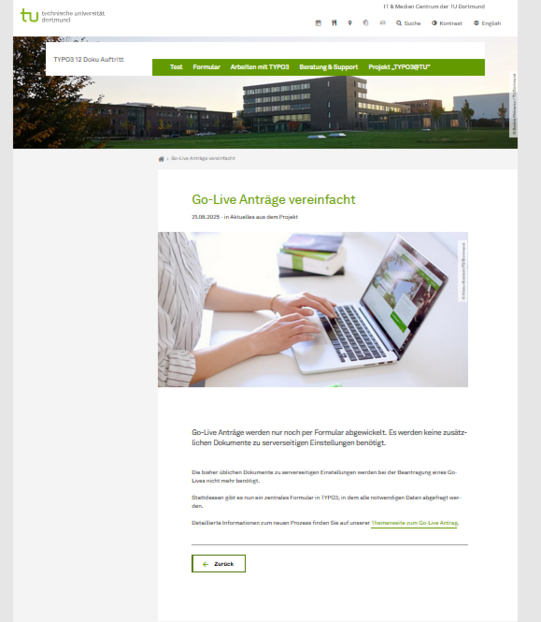 Screenshot der Detailansicht einer News auf der TYPO3-Doku-Seite mit konfigurierter Detailansicht