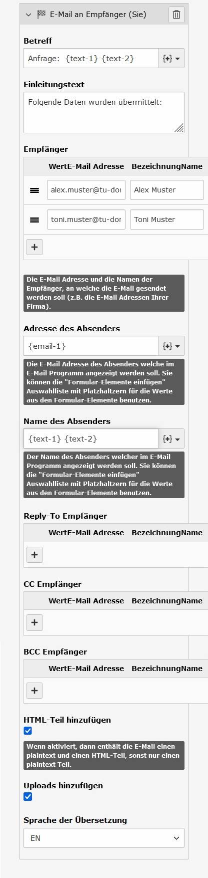 Screenshot des TYPO3 Backends zeigt E-Mail Finisher Empfänger