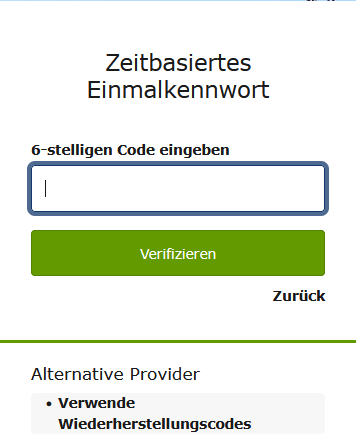 Screenshot: Dialog mit einem Eingabefeld für das zeitbasierte Einmalkennwort. Im unteren Bereich befindet sich ein Link zur Eingabe der Wiederherstellungscodes