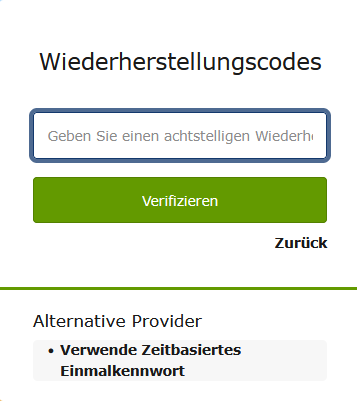 Screenshot: Dialog mit einem Eingabefeld für einen Wiederherstellungscode. Im unteren Bereich befindet sich ein Link zur Eingabe des zeitbasierten Einmalkennworts.