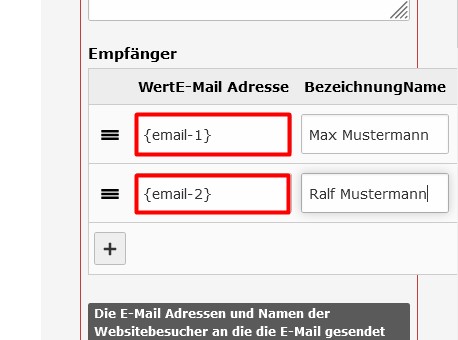 Screenshot des TYPO3 Backends zeigt Nutzung von Insert-Tags bei Angabe von E-Mail Adressen im Finisher