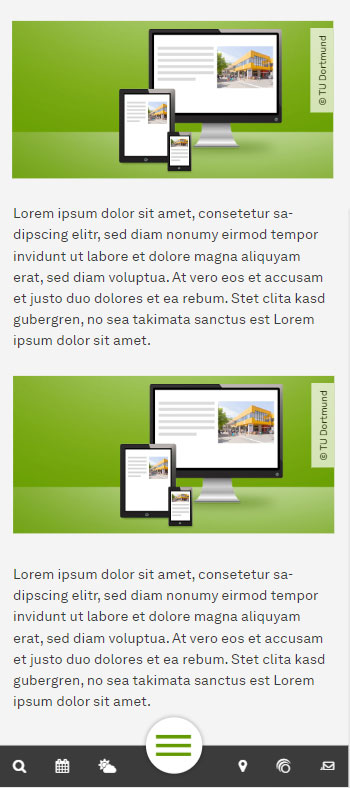 Screenshot: Ansicht von zwei Inhaltselementen mit Bild und Text in einer mobilen Auflösung. Alle Elemente werden in einer Spalte untereinander angezeigt. Die Bilder stehen immer oberhalb des Textes. 