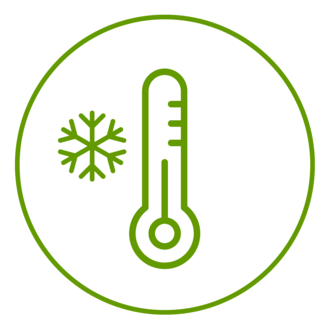 Grünes Icon eines Thermometers und Schneeflocke, grün umrandet