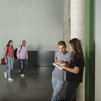 Zwei Studierende unterhalten sich, zwei andere kommen auf sie zu.