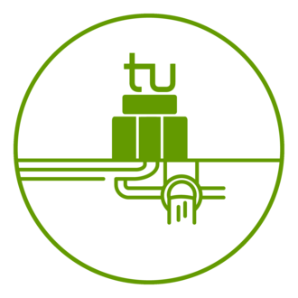 Runde Grafik: In einer grünen Umrandung ist die stilisierte Darstellung eines Unigebäudes mit dem Logo der TU Dortmund zu sehen. Im Boden darunter sind Leitungen mit Wasser abgebildet.