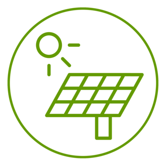 Grünes Icon einer Solaranlage mit Sonne, grün umrandet
