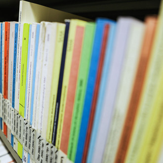 Bücher mit der Aufschrift Dissertation auf dem Buchrücken im Bücherregal der Bibliothek