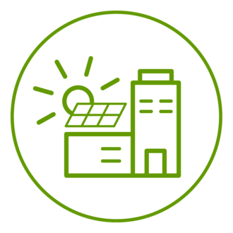 Icon eines industriellen Gebäudes mit einer Photovoltaik-Anlage auf dem Dach und strahlender Sonne