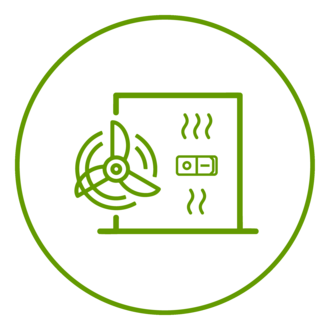 Ein grünes Icon, das einen Luftaustausch und einen On/Off-Knopf symbolisiert