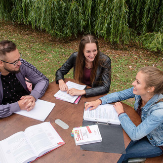 Drei Studierende sitzen an einem Tisch auf einer Wiese und lernen.