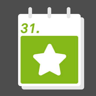 Icon eines grünen Kalenderblatts mit einem Stern, Hintergrund anthrazit
