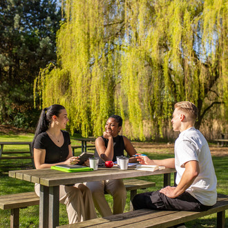 Drei Studierende sitzen an einem Sommertag an einer Sitzbank mit Tisch auf einer Wiese und unterhalten sich gut gelaunt.
