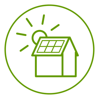 Icon von einem Haus mit einer Photovoltaik-Anlage auf dem Dach, darüber eine strahlende Sonne