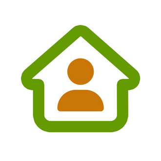 Icon zeigt den grünen Umriss eines Hauses mit einem orangefarbenen Personen-Icon in der Mitte.