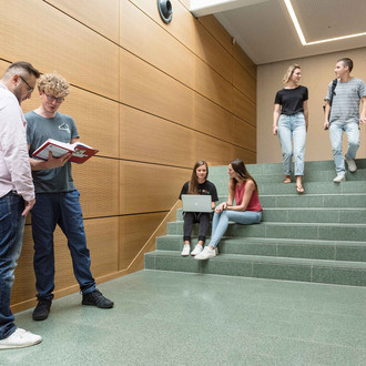 Zwei Studierende laufen eine Treppe herunter, zwei sitzen auf der Treppe und zwei stehen davor.