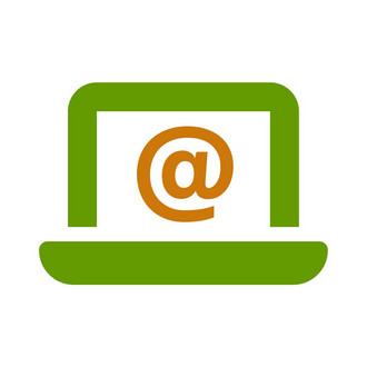 Icon zeigt einen aufgeklappten, grünen Laptop mit einem orangenen @-Zeichen auf dem Display.
