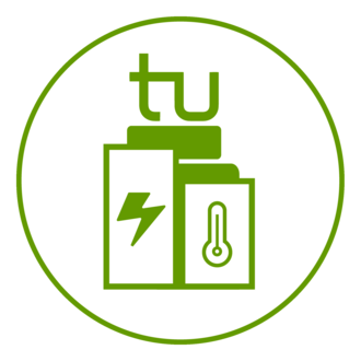  Icon des TU-Symbols, darunter ein Kasten mit einem Stromsymbol und ein Kasten mit einem Thermometer
