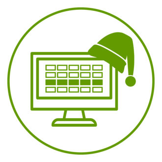 Auf einem Monitor ist in Kalender, eine Woche ist markiert, auf der Ecke des Monitors hängt eine Weihnachtsmannmütze.