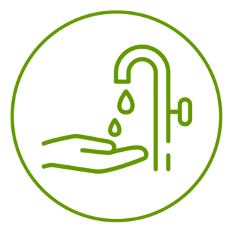 Grünes Icon einer Hand unter einem tropfenden Wasserhahn, grün umrandet