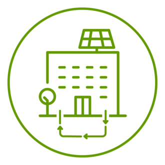 Grünes Icon eines Gebäudes mit symbolisierter Photovoltaikanlage und Wärmepumpe
