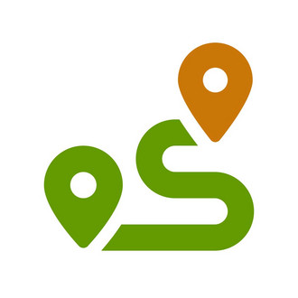 Icon zeigt eine grüne und eine orangene Ortsmarkierung, die mit einem gewundenen Weg verbunden sind.